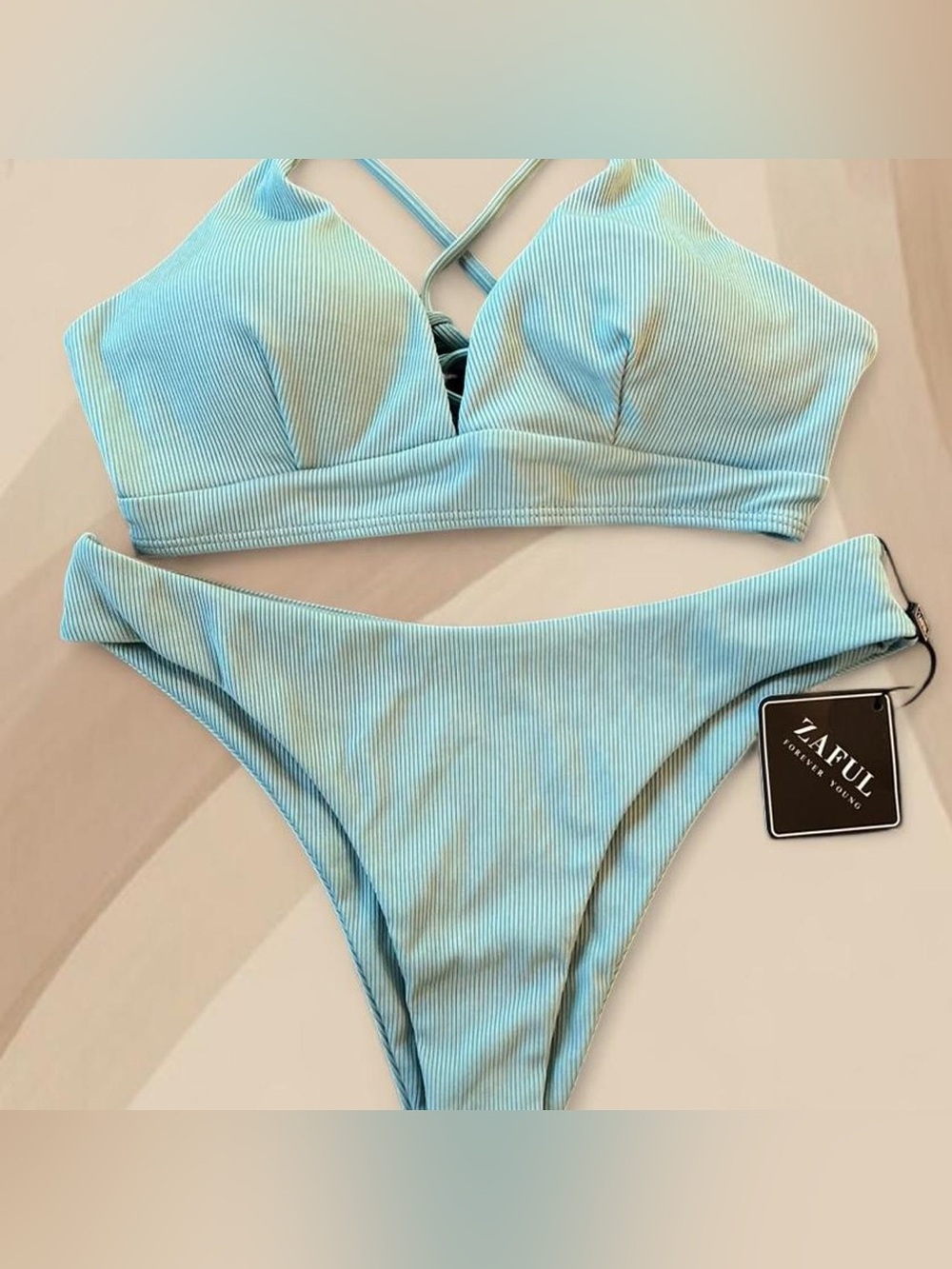 NWT Zaful Blue/Teal Ribbed Cross-Back Bikini Set